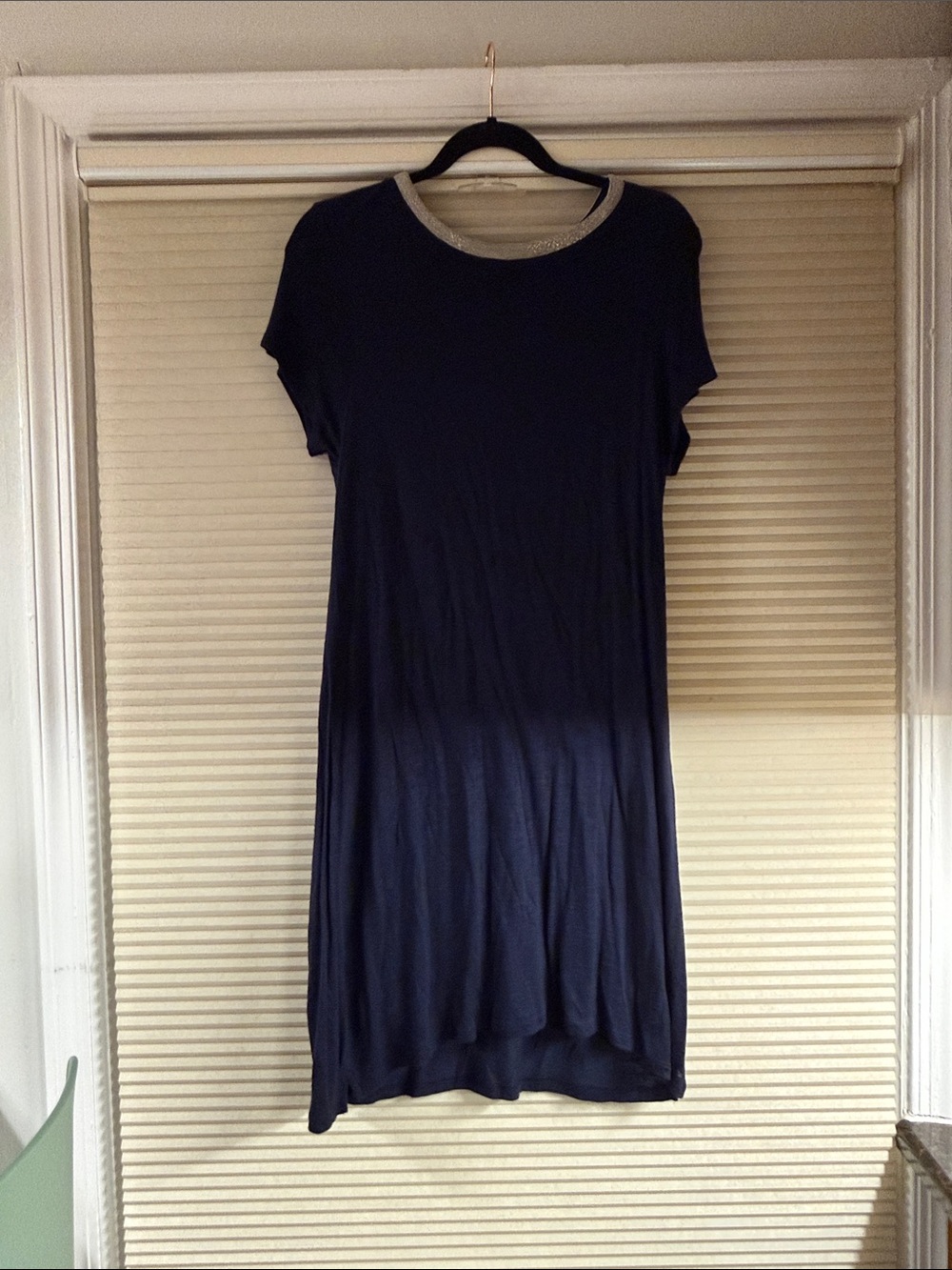 Dalia Simple Navy T-Shirt Dress with silver band contrast neck